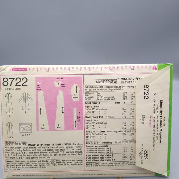 UNCUT Vintage Sewing PATTERN Simplicity 8722, Jiffy Simple to Sew Misses 1970 - Picture 2 of 2